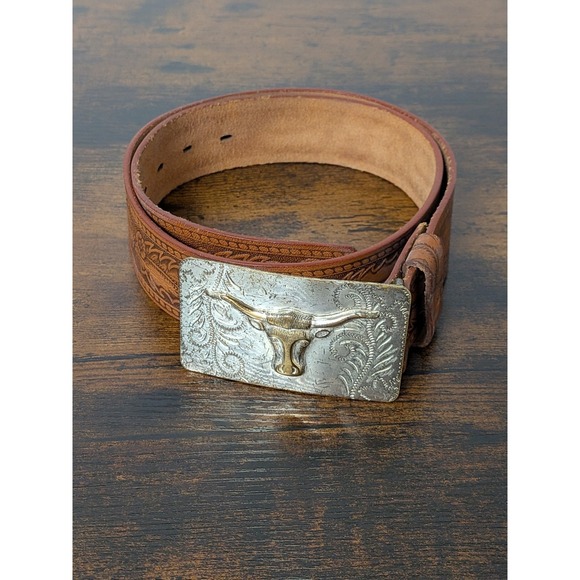 Vintage Tooled Leather Western Belt Steer Brass Buckle Size 32